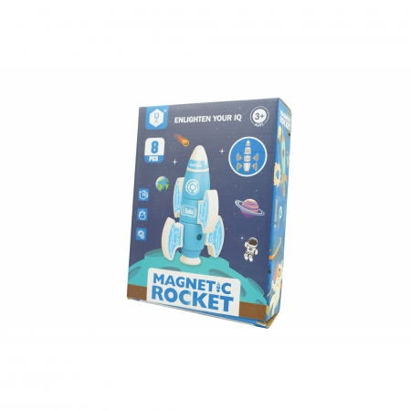 Jucarii, Copii & Bebe - Set inteligent de blocuri magnetice pentru copii, 8 piese, cutie depozitare, racheta, albastru