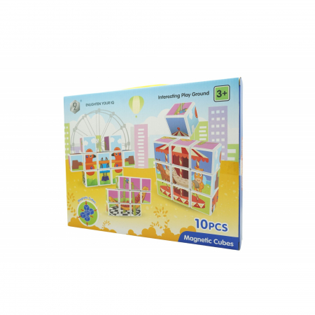 Jucarii, Copii & Bebe - Set inteligent de cuburi magnetice pentru copii, 10 piese, cutie depozitare, puzzle parc de distractii, +3 ani, multicolor