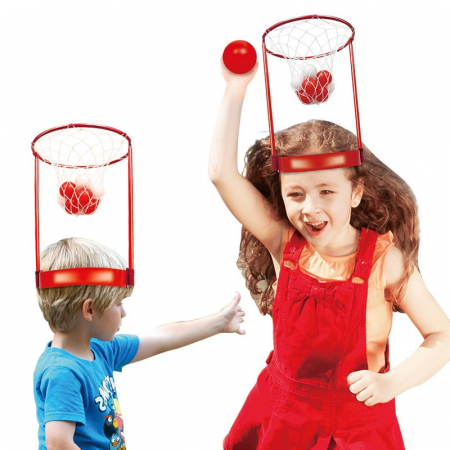 Jucarii, Copii & Bebe - Set Interactiv pentru Copii, Flippy, Joc cu Doua Cosuri de Baschet de Pus pe Cap, Joc Dublu, 20 de Mingi Albe si Rosii, Multicolor