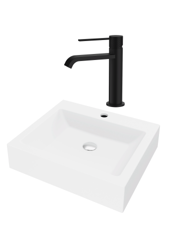 Pentru Casa si Camping - SET Lavoar de baie din granit compozit Timo + Baterie Agata negru - Alb
