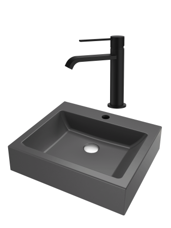 Pentru Casa si Camping - SET Lavoar de baie din granit compozit Timo + Baterie Agata negru - Gri