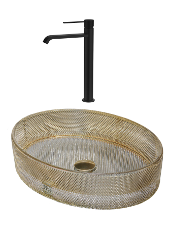 Pentru Casa si Camping - SET Lavoar de baie din sticla securizata Vela + Baterie Dorota negru - Auriu