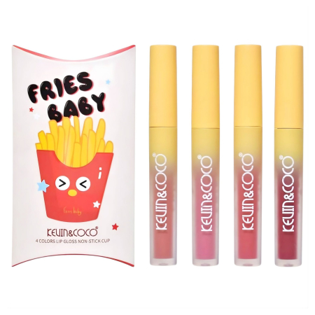 Sub 99 Lei - Set Luciu de buze, Kevin&amp;Coco, Fries Baby, 4 Lip Gloss-uri, Stralucire si Hidratare Intensa, Rezistent, Model C, Multicolor
