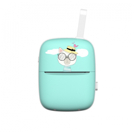 Camere foto pentru copii - Set Mini Imprimanta Foto Portabila, Flippy, Include: 1x Set de Markere, 5x Role de Hartie Termica, 5x Role Hartie Adeziva, Incarcare USB, Bluetooth, Print Alb-Negru, Model Pisica, Albastru