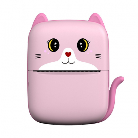 Set Mini Imprimanta Foto Portabila, Flippy, Include: 1x Set de Markere, 5x Role de Hartie Termica, 5x Role Hartie Adeziva, Incarcare USB, Bluetooth, Print Alb-Negru, Model Pisicuta, Roz [0]