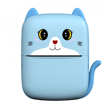 Camere foto pentru copii - Set Mini Imprimanta Foto Portabila, Flippy, Include: 1x Set de Markere, 5x Role de Hartie Termica, 5x Role Hartie Adeziva, Incarcare USB, Bluetooth, Print Alb-Negru, Model Pisicuta, Albastru