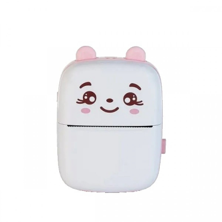 Camere foto pentru copii - Set Mini Imprimanta Foto Portabila, Flippy, Include: 1x Set de Markere, 5x Role de Hartie Termica, 5x Role Hartie Adeziva, Incarcare USB, Bluetooth, Print Alb-Negru, Model Ursulet, Alb/Roz