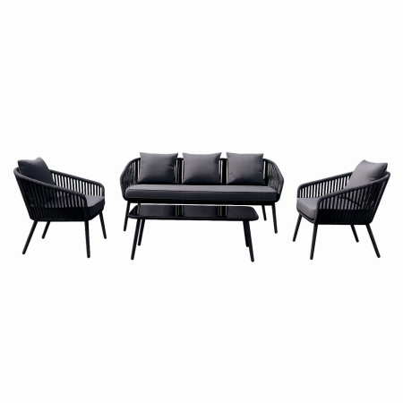 Gradina - Set mobiler terasa/gradina din aluminiu KLUGMEISTER KJF10537, canapea + doua fotolii + masa din sticla (perne incluse), culoare gri