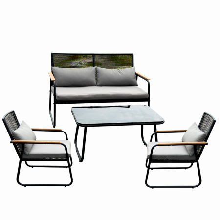 Gradina - Set mobilier terasa/gradina KLUGMEISTER KJF3298, doua fotolii + canapea + masuta, cu perne incluse, culoare gri/negru