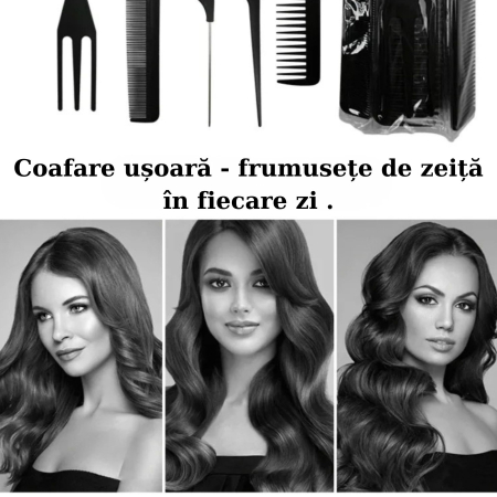 Set piepteni profesionali pentru coafat, Flippy, 10 bucati, PP + Otel inoxidabil, 18,5-22 cm, Rezistenti la caldura, Negru [5]