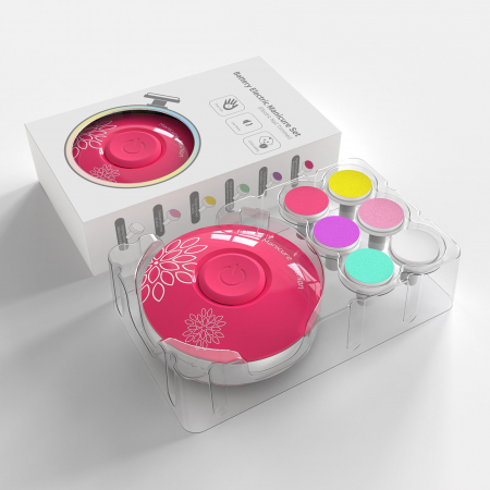 Jucarii, Copii & Bebe - Set Pila Electrica pentru Copii si Bebelusi, Flippy, ABS, Incarcare USB, Model cu Flori, 6 Accesorii, cu Lumina LED, Fucsia