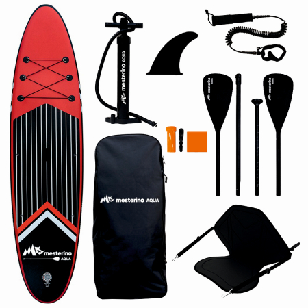 Biciclete, trotinete, triciclete - Set placa gonflabila Stand Up Paddle Mesterino Aqua SUP081, 320x81x15cm, geantÄƒ de transport, vasla, pompa, scaun, lesa, kit de reparatii, culoare Abstract Negru-Rosu
