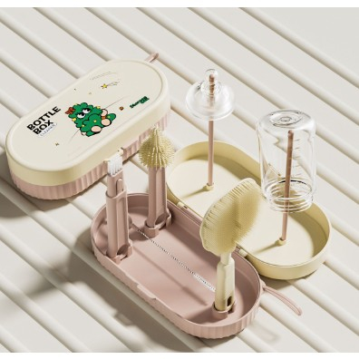 Jucarii, Copii & Bebe - Set 7 Piese de Spalat/Uscat Biberoane, Flippy, Portabil, Peri de Silicon, pentru Tetine, Suzete, Biberoane, Paie, Cutie Inclusa, 20 x 9.5 cm, Roz