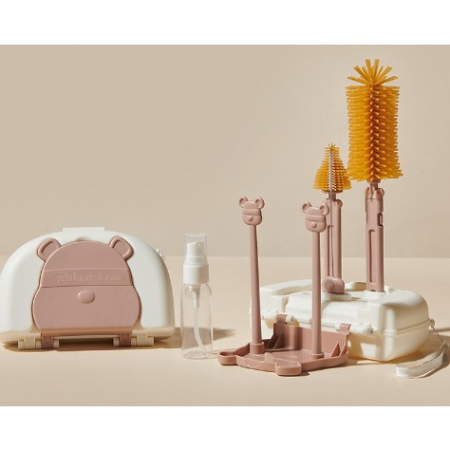 Jucarii, Copii & Bebe - Set 7 Piese de Spalat/Uscat Biberoane, Flippy, Portabil, Peri de Silicon, pentru Tetine, Suzete, Biberoane, Paie, Cutie Inclusa, 16 x 11 x 5 cm, Model Ursulet, Maro