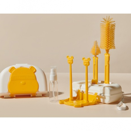 Jucarii, Copii & Bebe - Set 7 Piese de Spalat/Uscat Biberoane, Flippy, Portabil, Peri de Silicon, pentru Tetine, Suzete, Biberoane, Paie, Cutie Inclusa, 16 x 11 x 5 cm, Model Ursulet, Galben