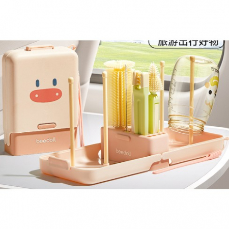 Jucarii, Copii & Bebe - Set 7 Piese de Spalat/Uscat Biberoane, Flippy, Portabil, Peri de Silicon, pentru Tetine, Suzete, Biberoane, Paie, Cutie Inclusa, 16.8 x 12 x 5 cm, Model Porcusor, Roz