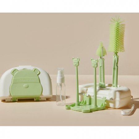 Set 7 Piese de Spalat/Uscat Biberoane, Flippy, Portabil, Peri de Silicon, pentru Tetine, Suzete, Biberoane, Paie, Cutie Inclusa, 16 x 11 x 5 cm, Model Ursulet, Verde [0]