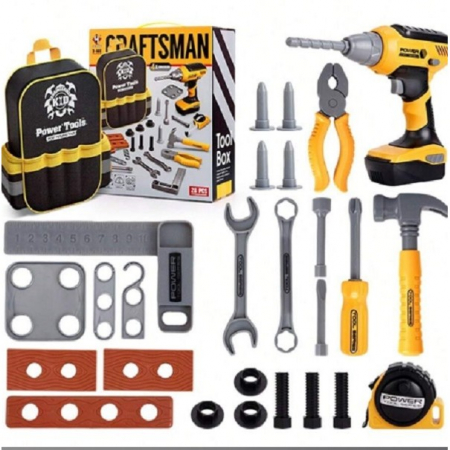 Set Scule de Jucarie pentru Copii, Flippy, Ghiozdan cu Bormasina si Accesorii Incluse, 28 Piese, Material Plastic Durabil, Interactiv, +3 Ani, 30.5x25x11 cm, Negru/Portocaliu [6]