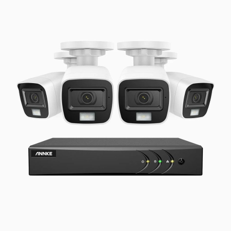 Camere de supraveghere - Sistem performant de supraveghere video ANNKE DW81KN+CR1CV*4, DVR 8 canale Hibrid, 4 camere tip Bullet interior/exterior 5MP, Ultra HD/2k+, lumina duala IR si alba, vedere nocturna, audio, rezistent l