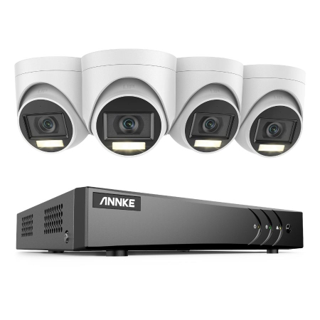 Camere de supraveghere - Sistem performant de supraveghere video ANNKE DW81KN+CR1CW*4, DVR 8 canale Hibrid, 4 camere tip Turret interior/exterior 5MP, Ultra HD/2k+, lumina duala IR si alba, vedere nocturna, audio, rezistent l