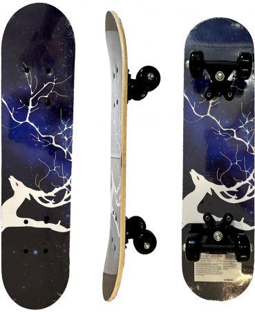Skateboard 60 cm din lemn, pentru copii, Greutate maxima 30 kg, Model Caprioara, Albastru inchis [0]
