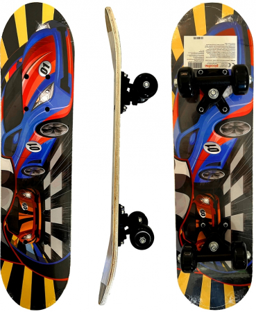 Skateboard 60 cm din lemn, pentru copii, Greutate maxima 30 kg, Model Masini de curse, Multicolor [0]