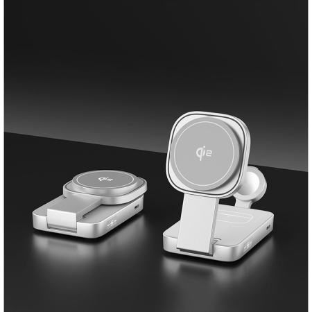 Statie de Incarcare MagSafe 3 in 1, Flippy, Magnetica Wireles Charger, Compatibil cu Apple iPhone, iWatch, AirPods, New Design, Max 23W, 11 x 6.5 x 2.9 cm Alb Ivory [5]