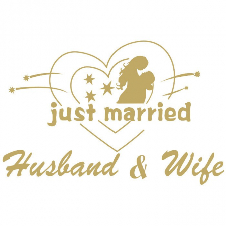 Articole petrecere - Sticker Autocolant, Flippy, Tematica Nunta, Model Indragostiti, cu Scris Just Married Husband&amp;Wife, 21x29 cm, Auriu