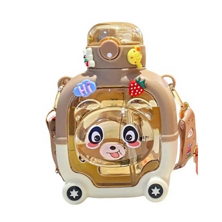 Bucatarie si electrocasnice - Sticla cu pai pentru copii, Flippy, model ursulet, gradata, stickere aplicate, curea reglabila, din plastic rezistent la cadere, 1l, Maro, 20 x 13 cm