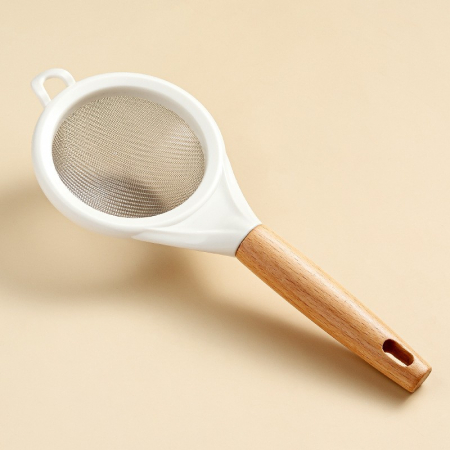 Ustensile de bucatarie - Lichidare Strecuratoare, Mini Sita din Inox Silicon si Lemn, Flippy, Sita pentru Bucatarie pentru Faina, Ceai si Alte Alimente, 25 x 10 cm Alb