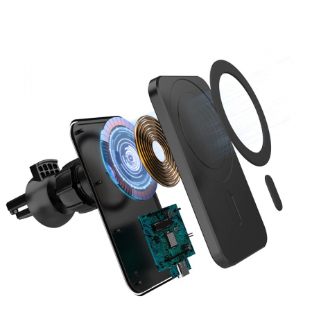 Suport auto cu incarcare wireless tip Magsafe 15W, Flippy, compatibil iPhone, Negru [2]