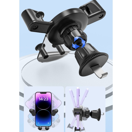 Suport Auto de Telefon, Flippy, pentru Ventilatie, din ABS, cu Clipsuri, Rotativ, 12x9.5x12 cm, Negru-Transparent [7]
