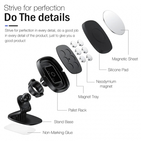 Suport Auto Magnetic Flippy 360 grade cu adeziv, 53 mm, Holder JS - 668, compatibil cu dispozitive intre 4" - 7", Ajustabil, 6 Magneti Neodymium  incorporati, Negru [6]