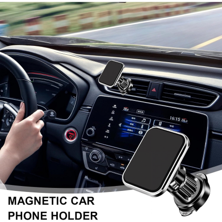 Suport Auto pentru Telefon, Flippy, MagSafe, cu Magnet, Prindere Grila de Ventilatie, Detalii Fine, Rotativ 360 de Grade, Plastic Magnet Silicon, 5.1x3.9 cm, Negru Argintiu [7]
