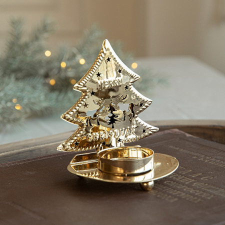 Decorațiuni și accesorii pentru petreceri - Suport Decorativ pentru Lumanare de Craciun, Flippy, Model Brad Auriu din Art Metal, pentru Masa fara Agatare, 10.5 x 9 x 7.5 cm, Auriu
