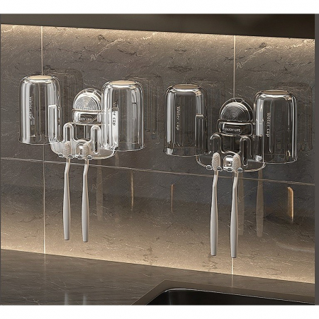 Suport Multifunctional Dublu, Pahar si Suport pentru Periuta de Dinti, Flippy, Plastic, 11 cm x 11.5 cm, Gri [2]