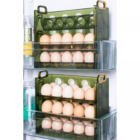 Suport Organizator pentru Oua, Flippy, pentru Frigider, Verde transparent, Capacitate 30 oua, Trei straturi, cu Data de Expirare, 25.5x10x23 cm [10]