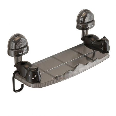 Suporturi baie - Suport pentru Baie, Flippy, Montare pe Perete, Model Pisicute, ABS, Adeziv, Raft pentru Depozitare, 33.4x17.7 cm, Negru