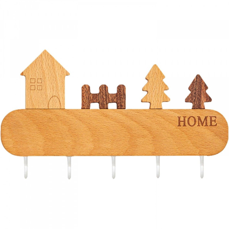 Pentru Casa si Camping - Suport pentru Chei, Flippy, din Lemn, Aplicare fara Perforare, Adeziv Inclus, 5 Carlige Albe, Model Casuta, Greutate Suportata 5 kg, 13.5 x 23 cm, Maro