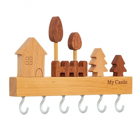 Pentru Casa si Camping - Suport pentru Chei, Flippy, din Lemn, Aplicare fara Perforare, Adeziv Inclus, 6 Carlige Albe, Model Casuta, Greutate Suportata 5 kg, 14.5 x 2 x 22.5 cm, Maro