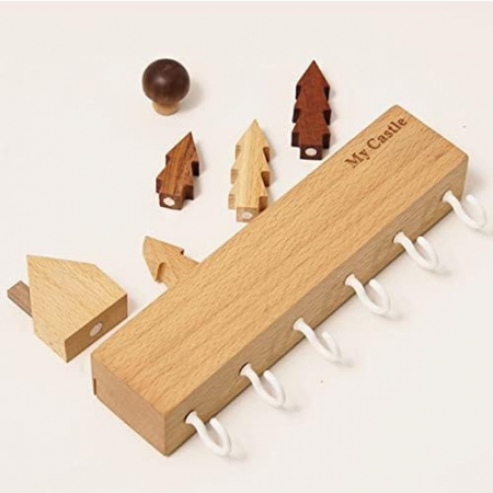 Suport pentru Chei, Flippy, din Lemn, Aplicare fara Perforare, Adeziv Inclus, 6 Carlige Albe, Model Casuta, Greutate Suportata 5 kg, 14.5 x 2 x 22.5 cm, Maro [5]