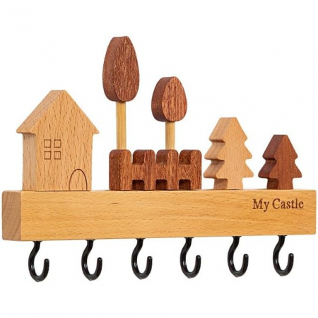 Pentru Casa si Camping - Suport pentru Chei, Flippy, din Lemn, Aplicare fara Perforare, Adeziv Inclus, 6 Carlige Negre, Model Casuta, Greutate Suportata 5 kg, 14.5 x 2 x 22.5 cm, Maro
