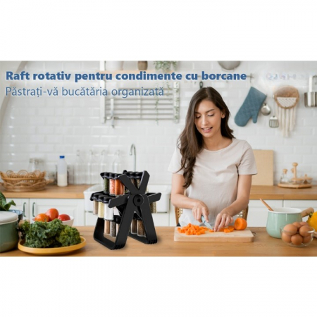 Suport Pentru Condimente Rotativ, Flippy, Multifunctional, Pivotant 360°, Portabil, Usor de Montat, 34x23 cm, ABS/Sticla, Negru [4]