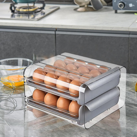 Suport pentru Oua, Flippy, Strat Dublu, Capacitate 32 de Oua, 23.5x21.5 cm, din Plastic, Gri [2]
