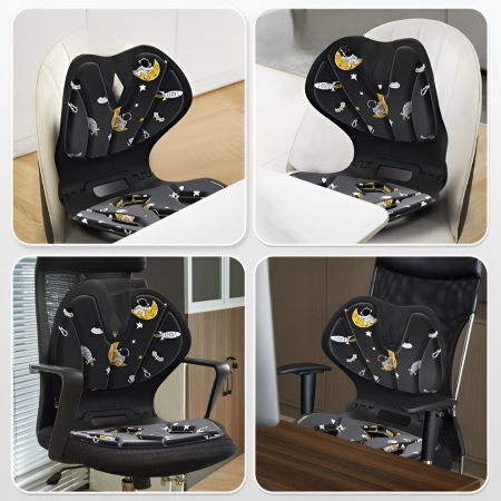 Suport pentru Scaun, Flippy, pentru Corectarea Posturii, Portabil, Pliabil, Ergonomic, Ameliorare Durere, Respirabil, 35x32x30 cm, Marime L, Model Rachete, Negru [3]