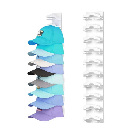 Pentru Casa si Camping - Suport pentru Sepci, Flippy, pentru Perete, Organizator pentru 10 Palarii, Constructie Verticala, Montaj cu Banda Adeziva sau Suruburi, Economisire Spatiu, 35.5 x 6 x 3.3 cm, Alb