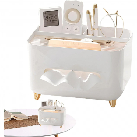 Suport pentru Servetele, Flippy, Cutie Multifunctionala, Design Minimalist, ABS, cu Suport pentru Obiectele Personale, pentru Birou, 21x15x13 cm, Alb [1]