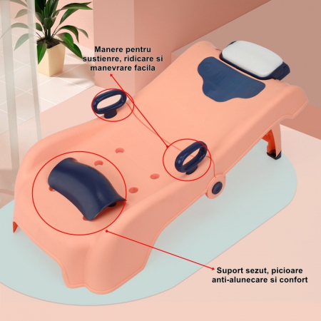 Lichidare de stoc Suport Pliabil pentru Spalat Parul Flippy, Pentru Copii, 0 - 16 ani, cu Picioare Antialunecare, Material Polipropilena, Suport Cap Reglabil, cu Manere, 82 x 40 x 28 cm, Roz pal [1]