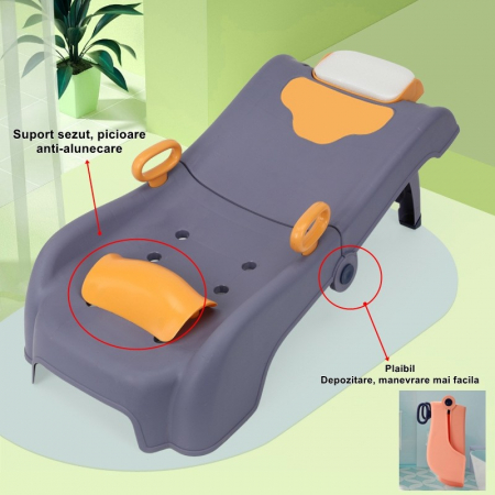 Suport Pliabil pentru Spalat Parul Flippy, Pentru Copii, 0 - 16 ani, cu Picioare Antialunecare, Material Polipropilena, Suport Cap Reglabil, cu Manere, 82 x 40 x 28 cm, Bleumarin [3]