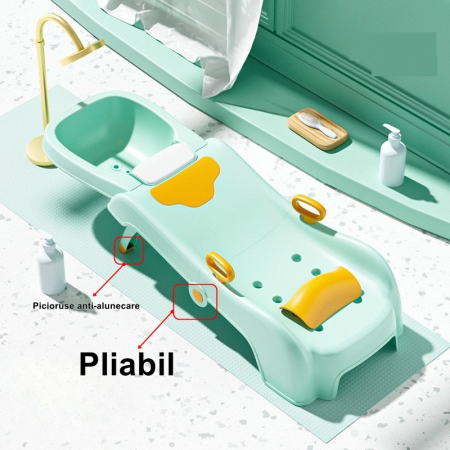 Suport Pliabil pentru Spalat Parul Flippy, Pentru Copii, cu Scurgere, cu Picioare Antialunecare, Material Polipropilena, Suport Cap Reglabil, cu Manere, 110 x 35 x 21 cm, Verde [2]